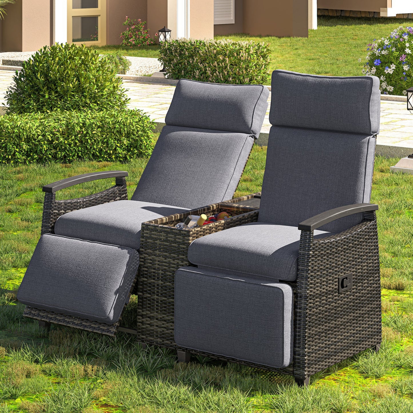 Patio Recliner Loveseat Chair, Adjustable Backrest Wicker Outdoor