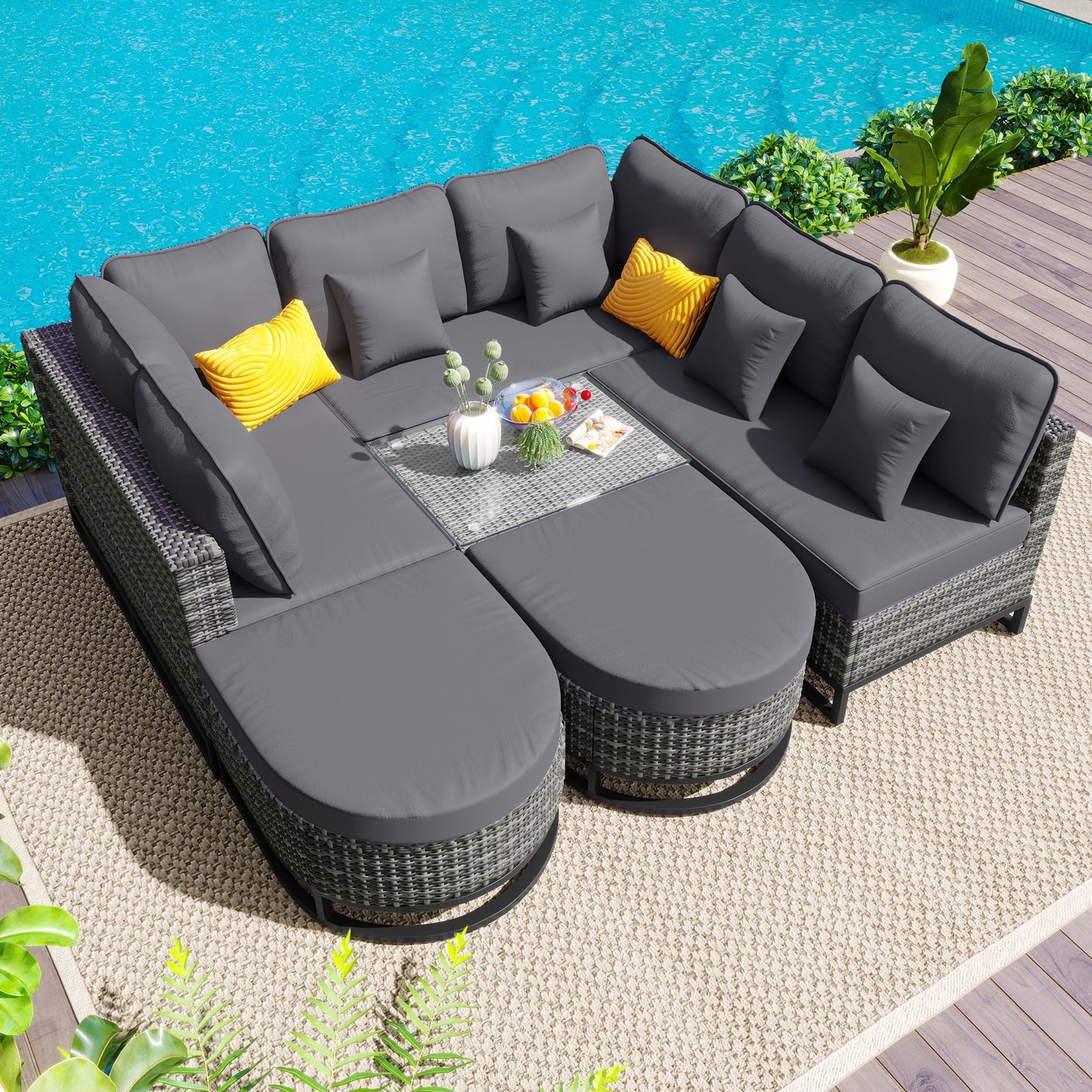 7 Pieces Outdoor Wicker Sofa Set, Rattan Conservation Sectional Free