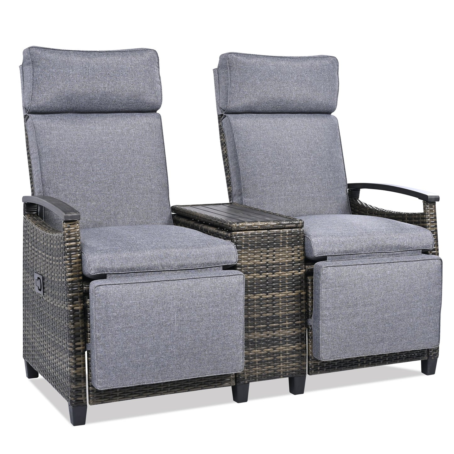 Patio Recliner Loveseat Chair, Adjustable Backrest Wicker Outdoor