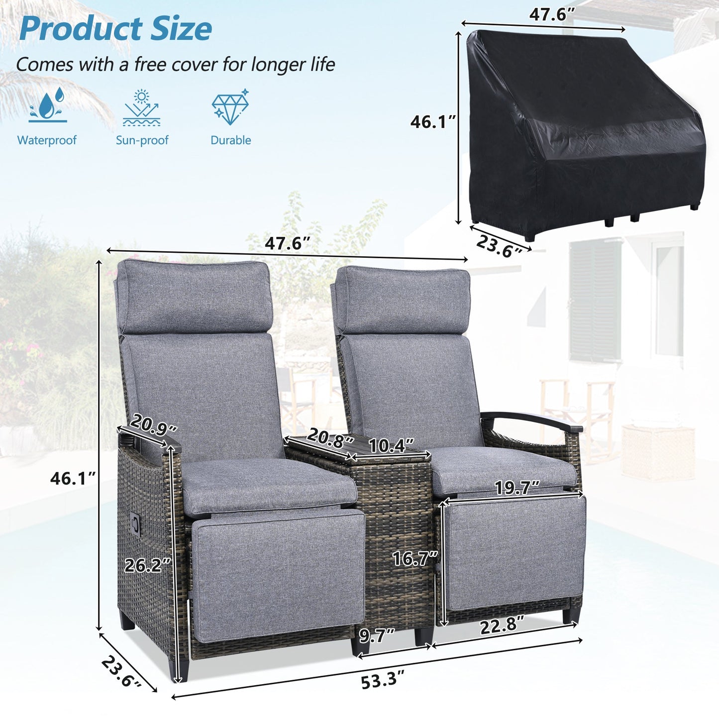 Patio Recliner Loveseat Chair, Adjustable Backrest Wicker Outdoor