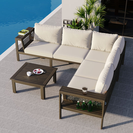 4 Pieces Outdoor Acacia Wood Sofa Set, Woven Mesh Armrests, L-Shaped